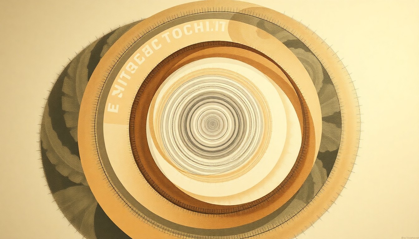 A bold, abstract painting in earthy tones featuring sweeping geometric shapes, concentric circles, and precise botanical spirals, conceptually representing the complex chemical and physical processes involved in HyOrc's waste-to-methanol synthesis technology.