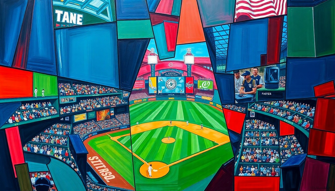 A fragmented, cubist-style painting depicting a baseball game between the Seattle Mariners and San Diego Padres, with sharp, overlapping geometric planes in vibrant navy, green, and red hues.