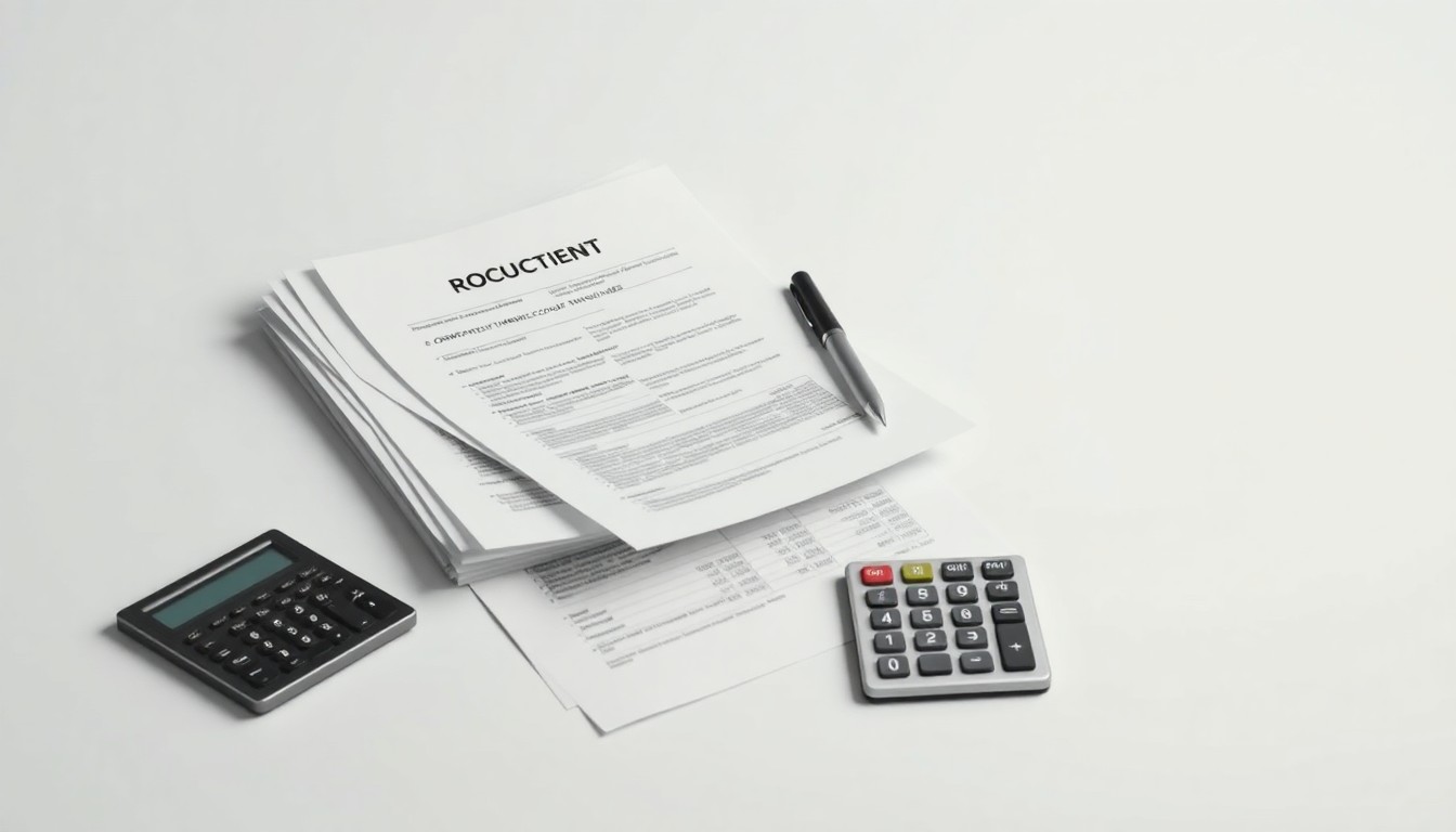 A minimalist studio still life photograph featuring a stack of financial documents, a pen, and a calculator on a clean, monochromatic background, conceptually representing the abstract ideas of corporate debt restructuring and strategic planning.
