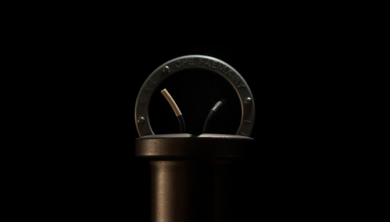An extreme close-up photograph of a metal pipe cap with wires protruding, conceptually illustrating the discovery of an apparent pipe bomb in a residential building.
