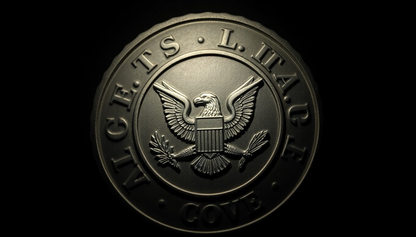 An extreme close-up photograph of a government seal or stamp, lit by a harsh, direct camera flash against a pitch-black background, conceptually illustrating the stark, gritty nature of a federal corruption investigation.