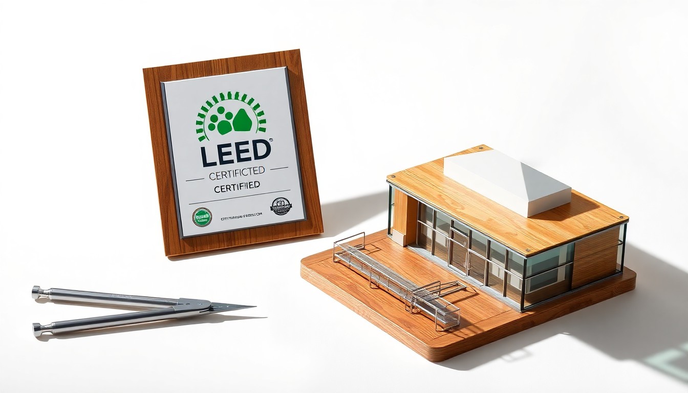 A photorealistic studio still life featuring a LEED certification plaque, drafting compass, and architectural model, symbolizing a design firm's commitment to eco-friendly practices.