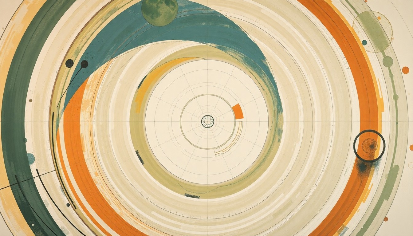 A bold, abstract painting in soft earth tones featuring sweeping geometric arcs, concentric circles, and precise spirals, representing the interconnected disciplines and creative energy of the Imaginology festival's educational exhibits and activities.