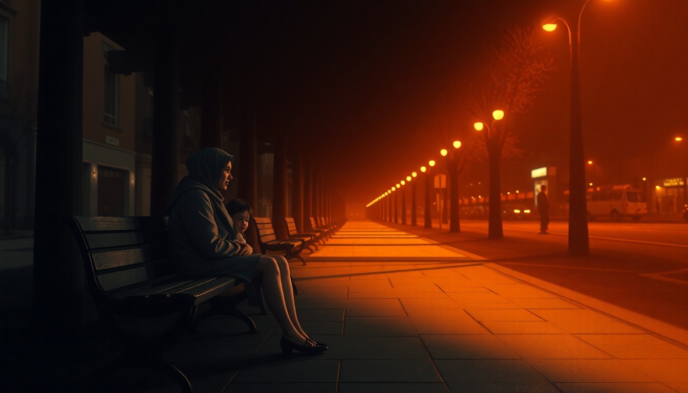 A somber, cinematic painting depicting a lone refugee family member sitting on a park bench in a city setting, the figure bathed in warm, diagonal sunlight and deep shadows, conveying a sense of isolation and uncertainty.