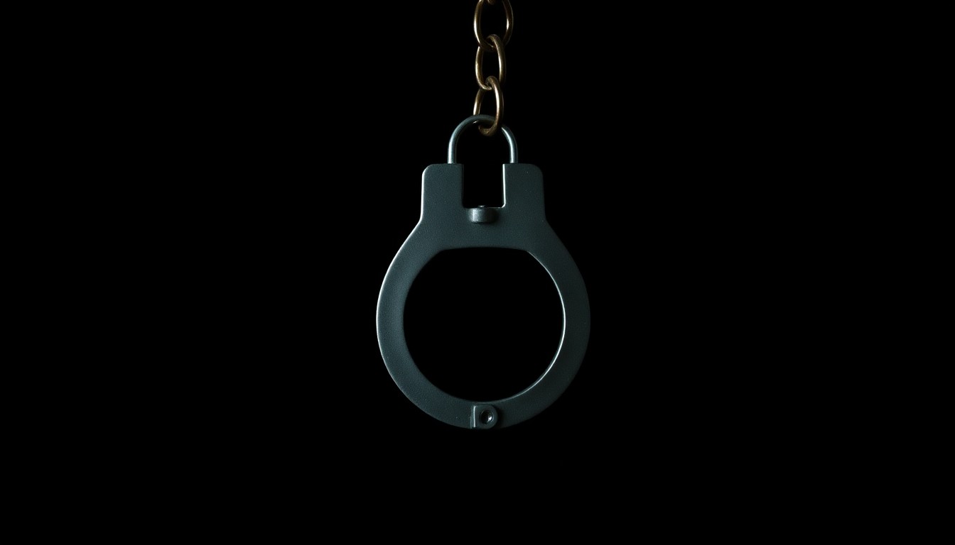 An extreme close-up photograph of a handcuff key against a pitch-black background, lit by a harsh, direct camera flash, conceptually representing the complex issues surrounding sex offender relocation and community notification.
