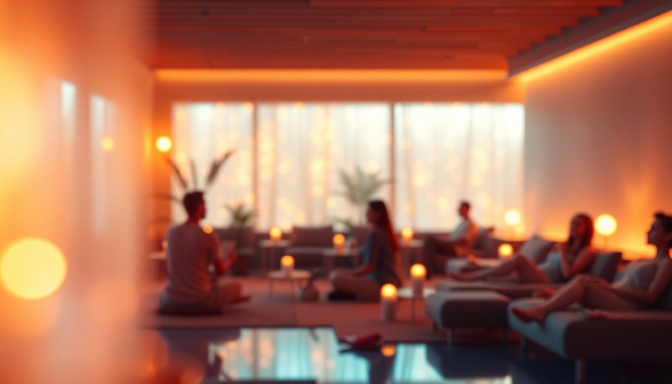 A softly blurred, impressionistic scene of people relaxing in a dimly lit, cozy wellness lounge, with warm pools of light and color creating a tranquil, dreamlike atmosphere.