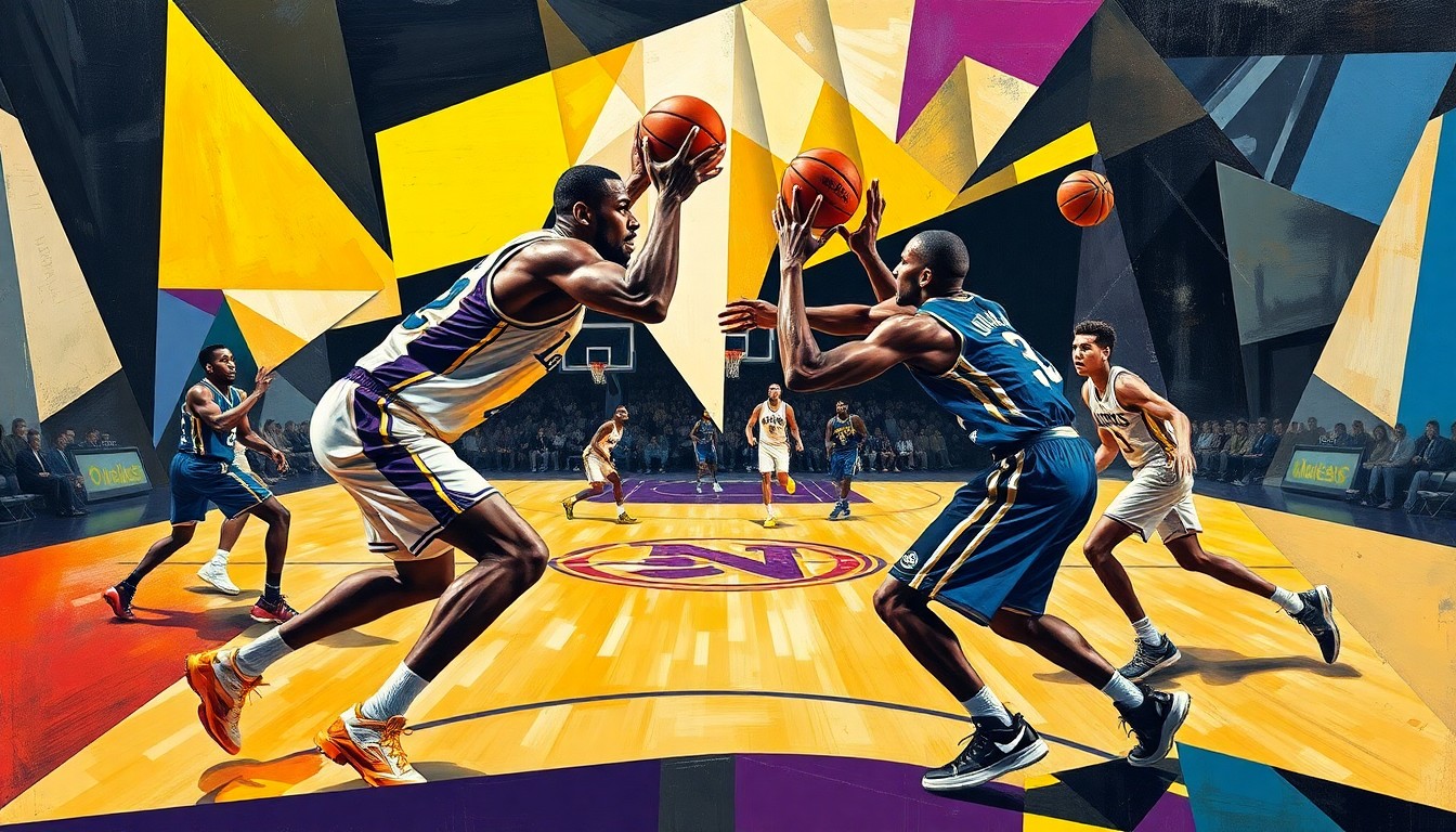 A fragmented, geometric painting depicting the overlapping movements and defensive actions of basketball players, with their forms broken down into sharp, angular shapes and planes, capturing the energy and intensity of the game.