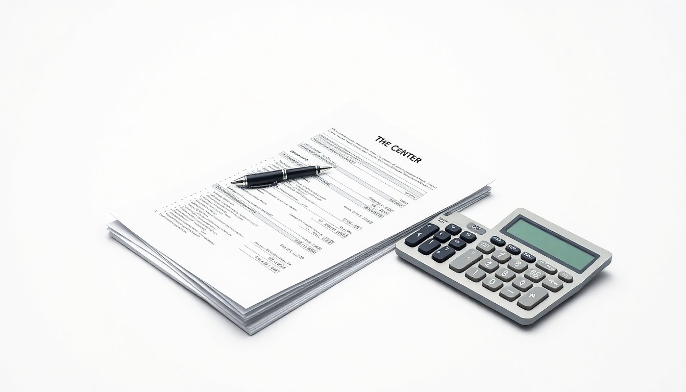 A photorealistic studio still-life photograph featuring a stack of financial documents, a pen, and a calculator arranged elegantly on a clean, monochromatic background, conceptually representing the abstract business concepts that the new board members bring to The Center by Lendistry.