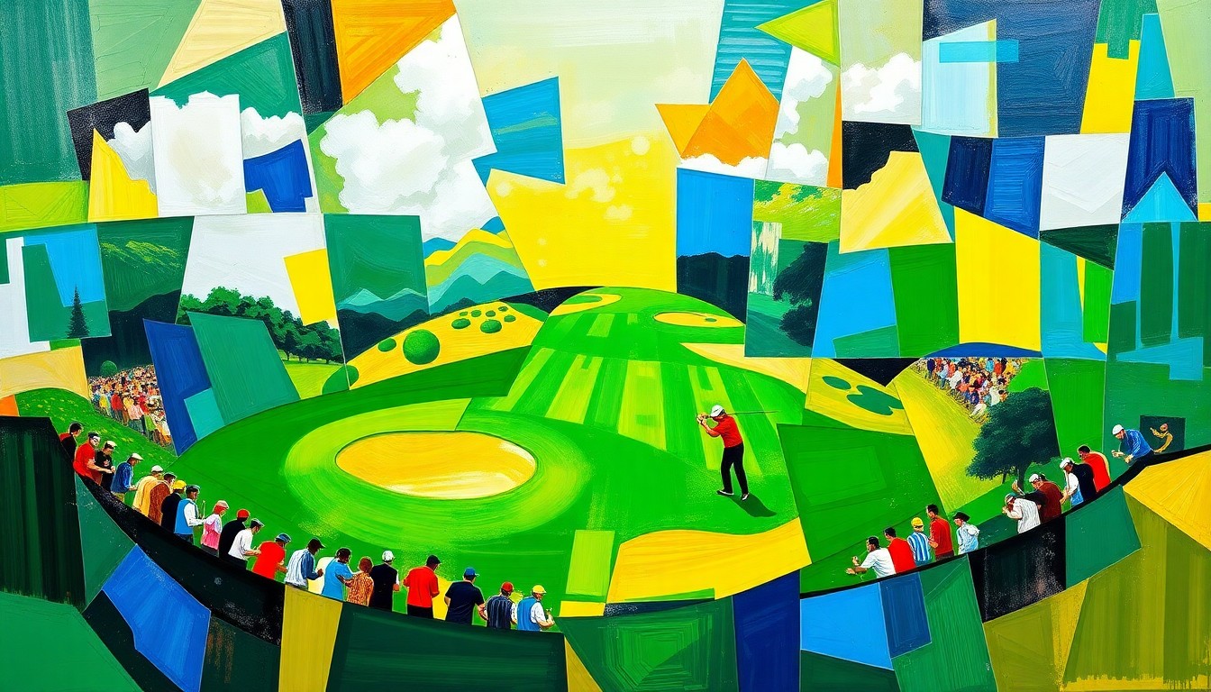 A fractured, cubist-style painting depicting various geometric shapes and planes in vibrant colors, representing the chaotic and uncertain state of the LIV Golf league.