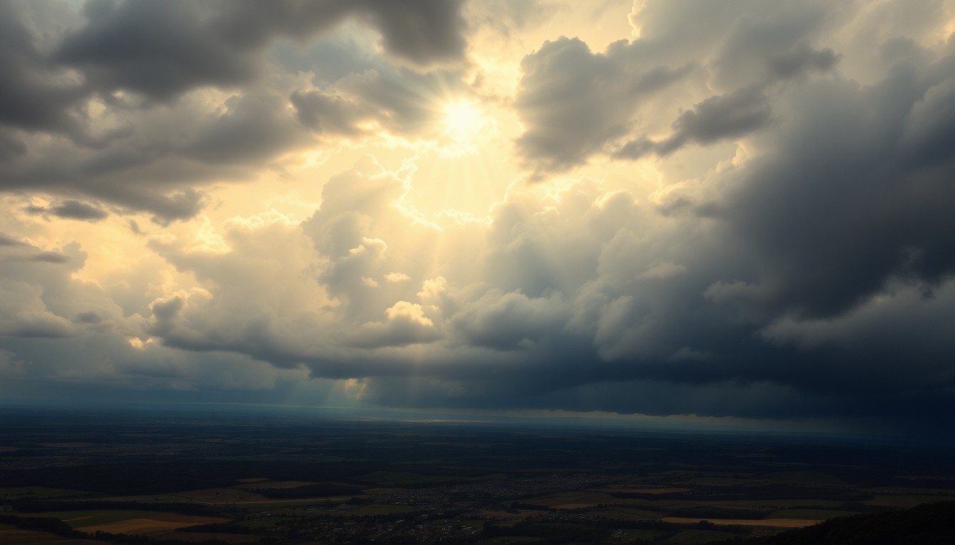 A sweeping, atmospheric landscape painting in muted tones of grey, blue, and gold, with a stormy sky dominating the scene and partially obscuring a small town or city in the foreground, conveying a sense of the overwhelming scale and sublime force of the weather.