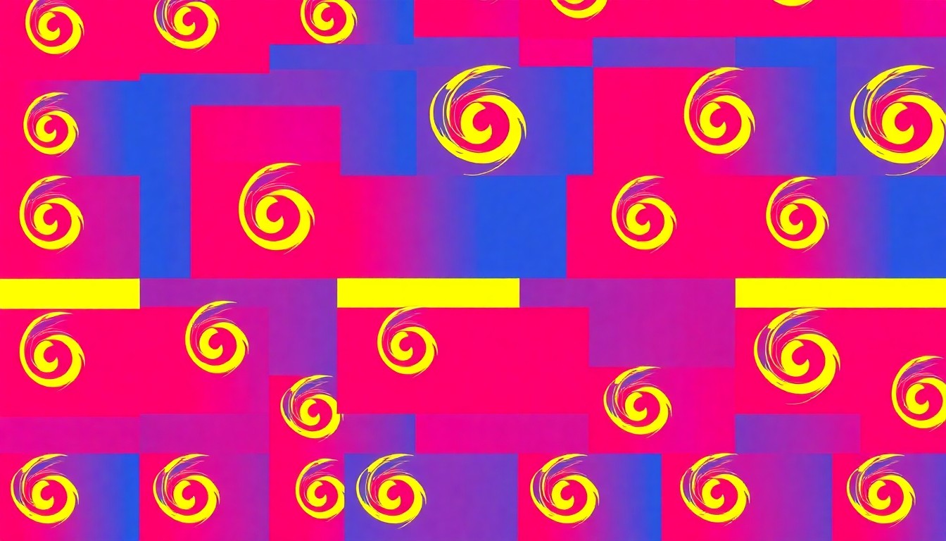 A brightly colored, high-contrast silkscreen print of a hurricane warning flag repeated in a tight grid pattern, conceptually representing the community's preparedness for severe weather events.