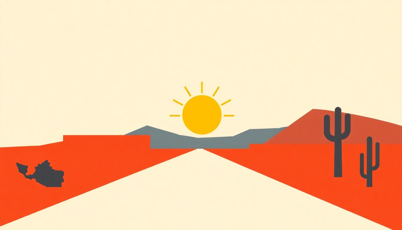 A minimalist illustration using bold geometric shapes and primary colors to represent the concept of economic stability and recession-proof jobs in Arizona.
