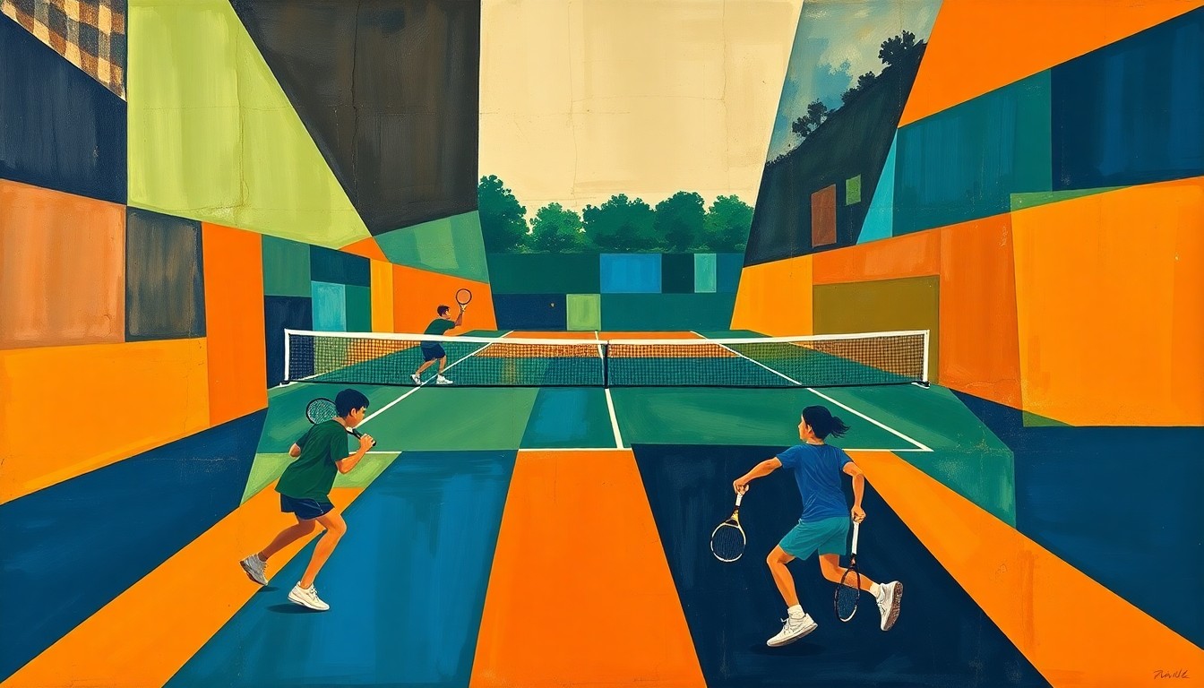 A fragmented, geometric painting depicting a high school tennis match, with sharp planes of navy, green, and orange intersecting to create a dynamic, abstract composition.