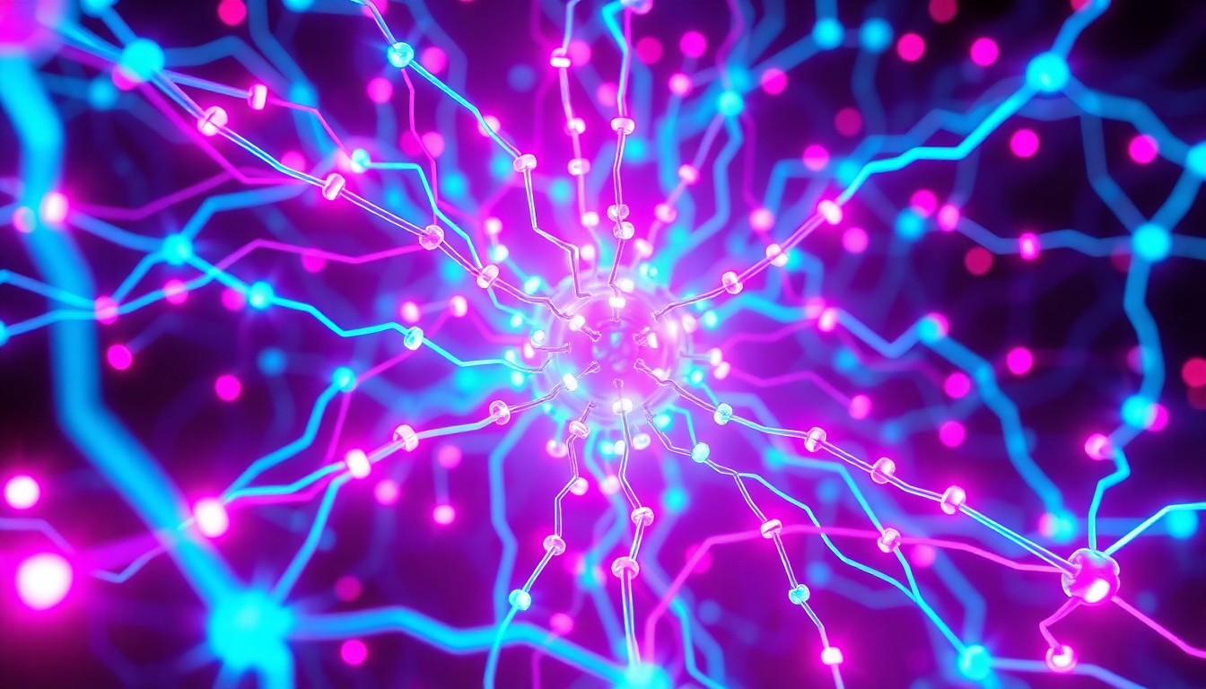 A highly detailed, glowing 3D illustration of a neural network or AI infrastructure, with pulsing neon cyan and magenta lights flowing through a complex web of interconnected nodes and circuits, conceptually representing the technological innovation and power of artificial intelligence.
