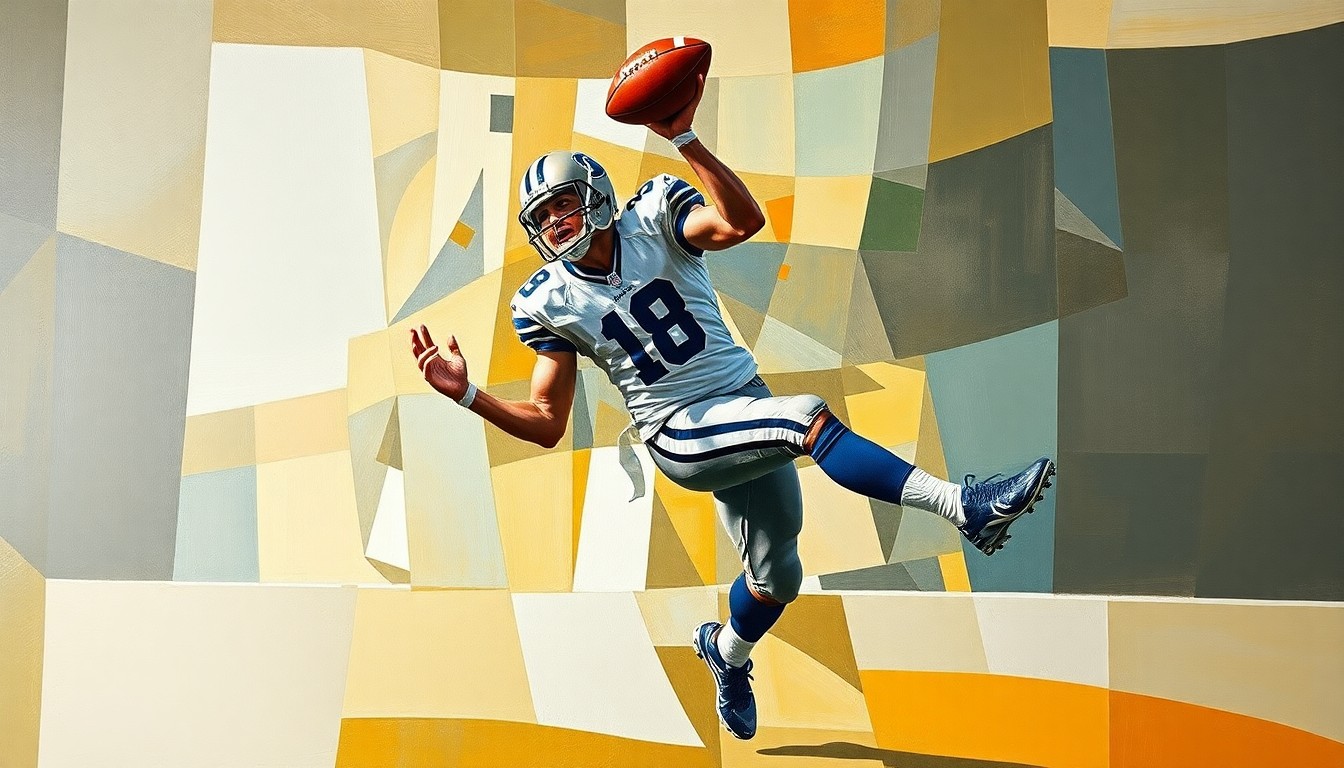 A cubist-style painting depicting a tight end catching a pass, with the player's body broken down into sharp, overlapping geometric shapes in a vibrant color palette.