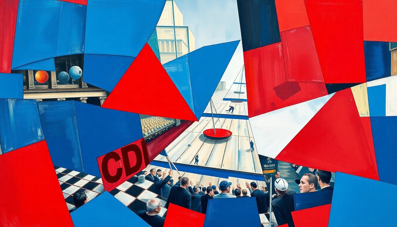 A cubist, geometric painting depicting a fragmented sports scene, with sharp, overlapping shapes in red, blue, and white colors representing the city's professional teams.