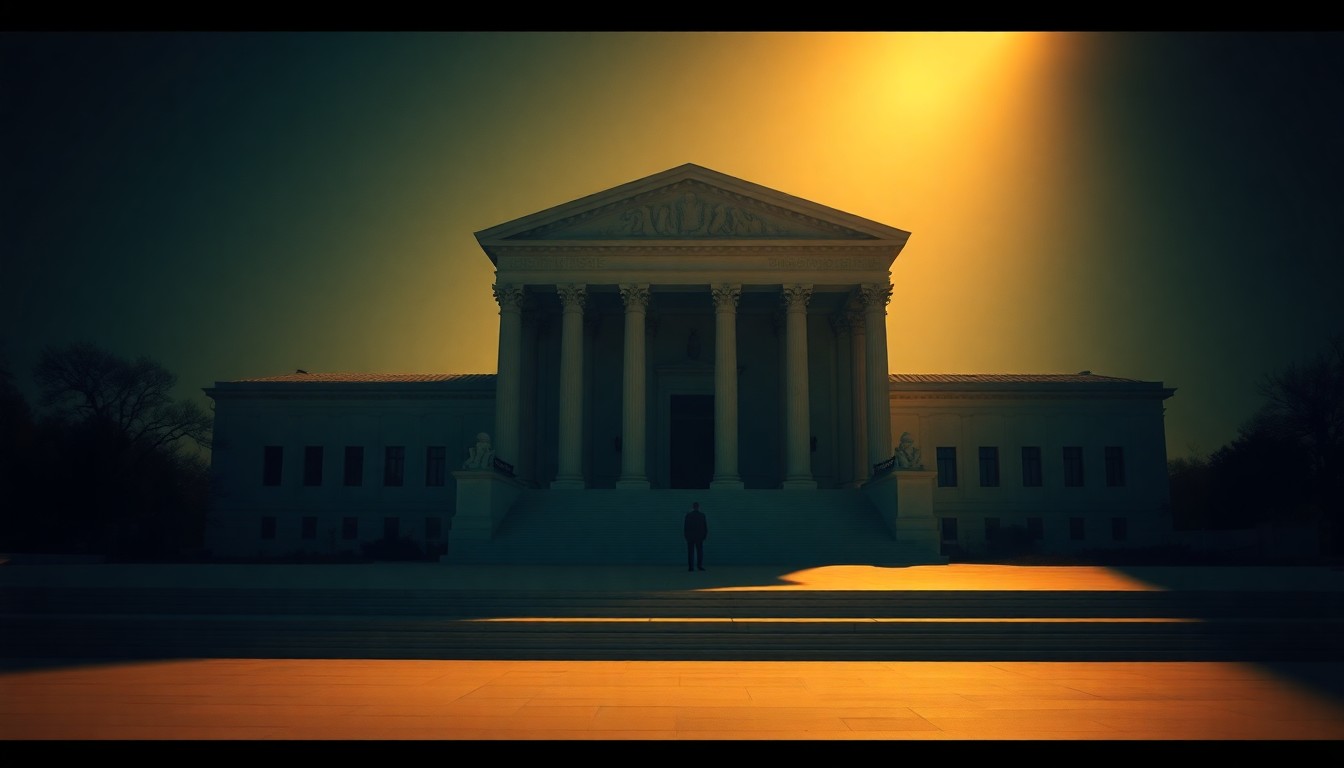 A cinematic painting of the Supreme Court building in warm, golden light, with a lone figure standing on the steps, conveying a sense of solitude and contemplation.