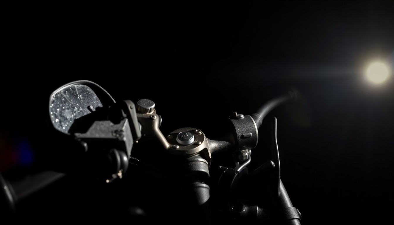 An extreme close-up photograph of a twisted, damaged motorcycle part, conveying the gritty aftermath of a rural crash through dramatic lighting and stark, investigative framing.