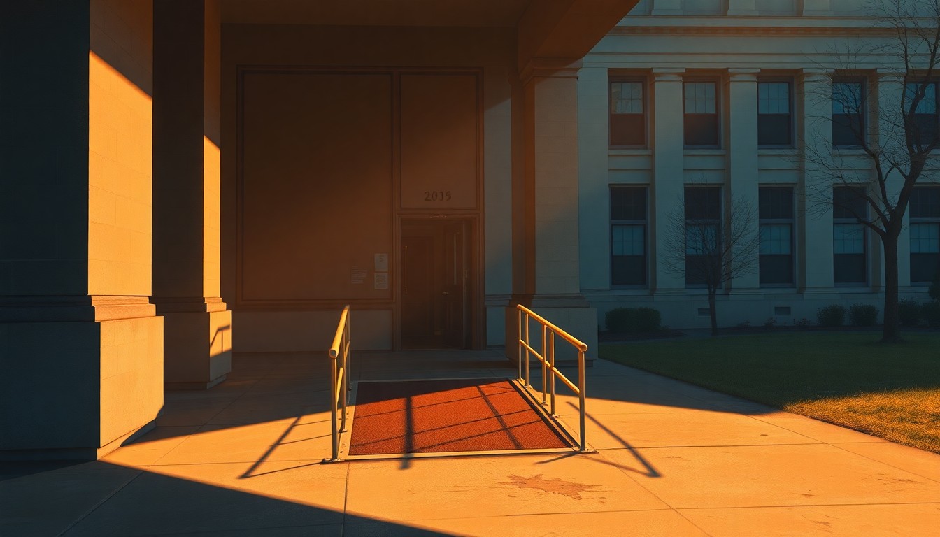 A serene, photorealistic painting of a wheelchair ramp leading up to the entrance of a government building, the ramp and building bathed in warm, golden light and deep shadows, conveying a sense of quiet dignity and civic responsibility.