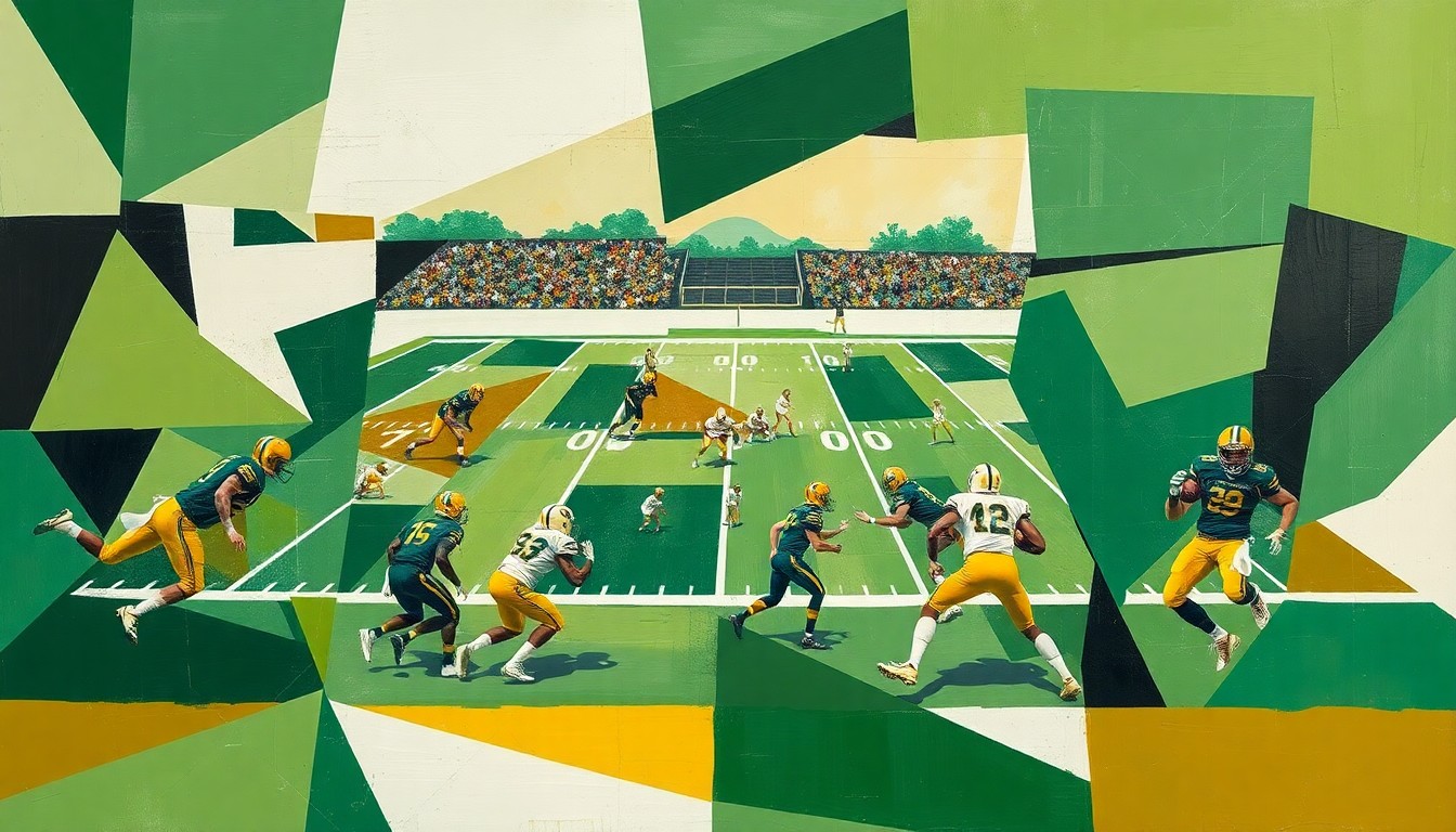 A fractured, cubist-style painting depicting the abstract shapes and planes of a high school football game, with players and the field deconstructed into geometric forms in shades of green, gold, and white.