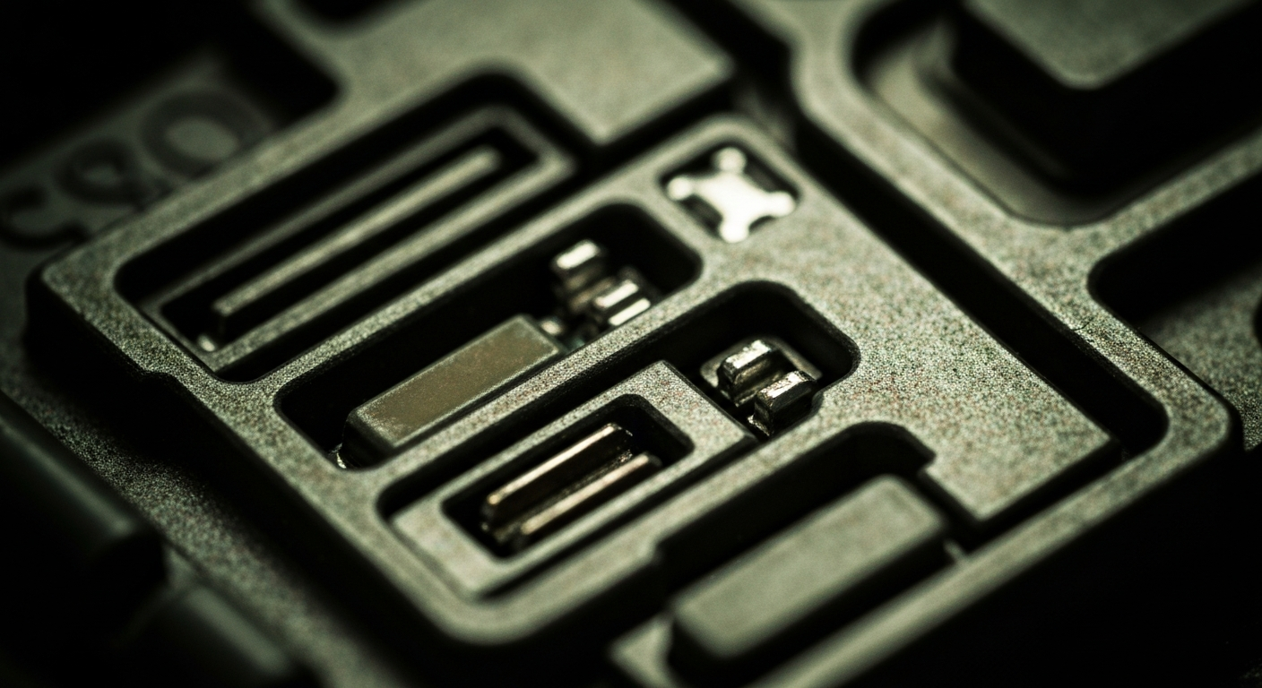 An extreme close-up photograph showcasing the intricate, pebbled texture of an automotive sensor or diagnostic component, conveying the technical sophistication behind Fleetio's innovative fleet management solution.