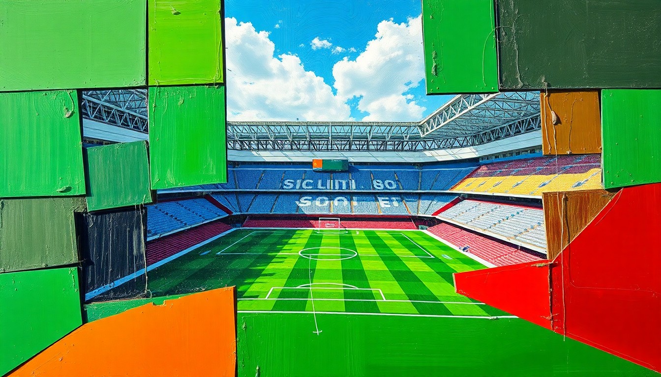 A cubist, geometric painting depicting the construction of a soccer pitch, with overlapping planes of green, blue, and red representing the various elements of the field and stadium renovations.