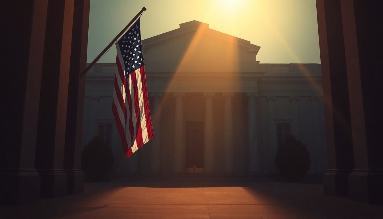 A serene, photorealistic painting of an American flag hanging outside a nondescript government building, the flag's stripes and stars reflected in the building's windows as warm sunlight casts deep shadows across the scene, conveying a sense of quiet contemplation around the diplomatic challenges facing the two nations.