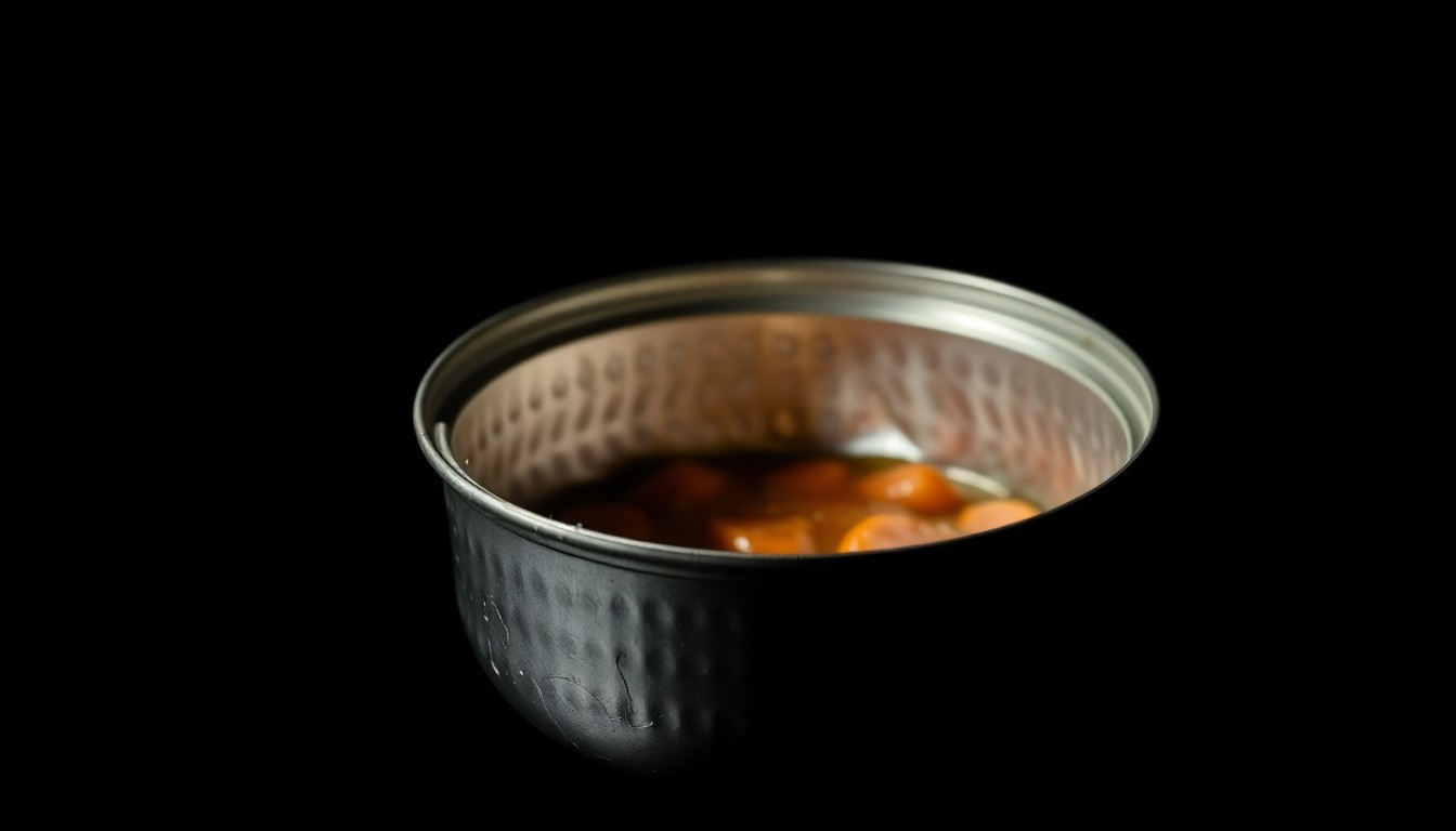An extreme close-up of a crushed metal vegetable can lid, partially open to reveal the contents, captured in a stark, gritty photographic style that emphasizes the dramatic lighting and textural details, conceptually representing the discovery of hidden drugs.