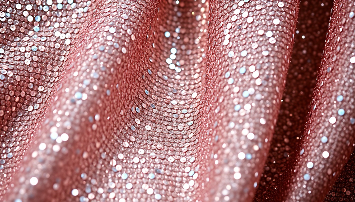An abstract close-up photograph featuring dramatic, high-contrast lighting on luxurious, glittering fabrics and sequins, conveying the glamorous mood of a Hallmark movie premiere.