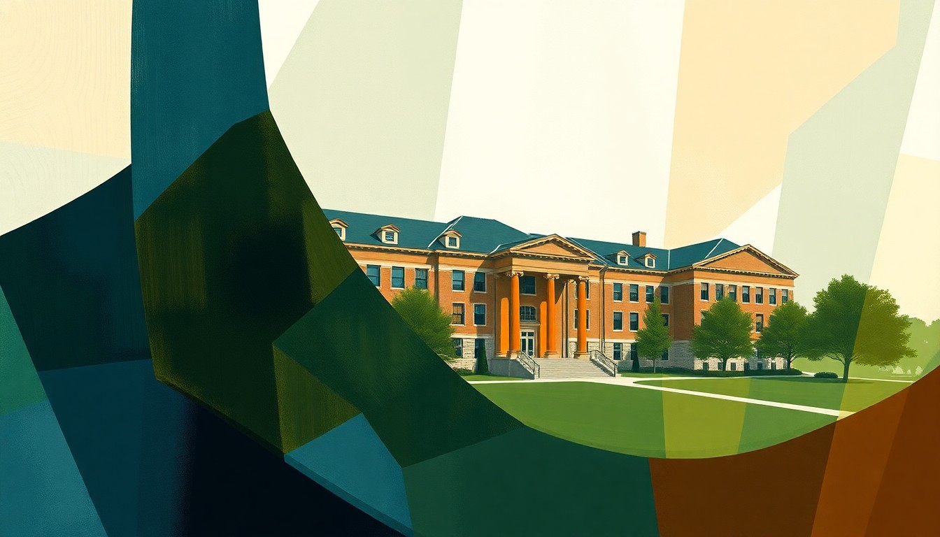 A dynamic, abstract painting featuring overlapping, fragmented shapes in shades of blue, green, and orange, representing the complex and contentious nature of the BDS resolution at San Diego State University.