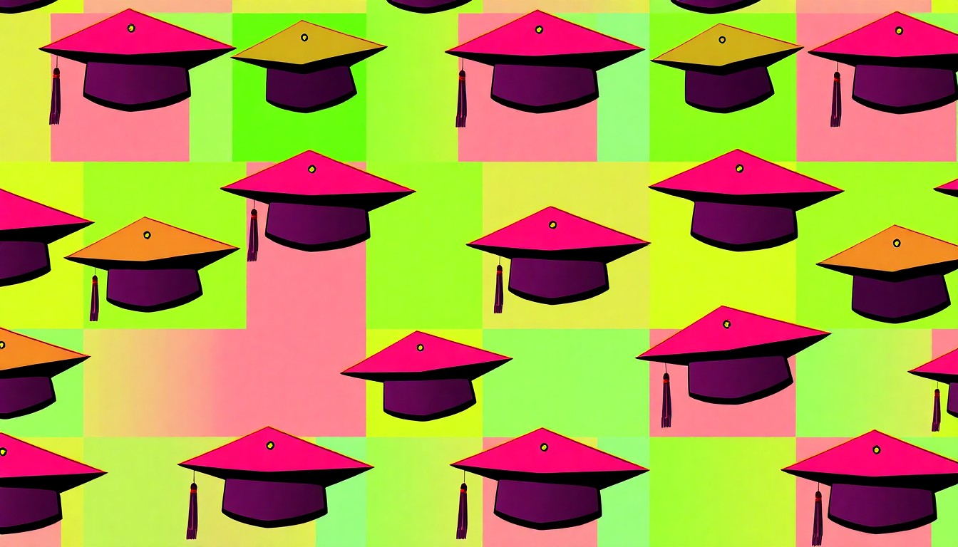 A bold, colorful silkscreen-style illustration featuring a repeated pattern of a school principal's graduation cap in bright neon shades, capturing the celebratory spirit of an educational leader's achievements.