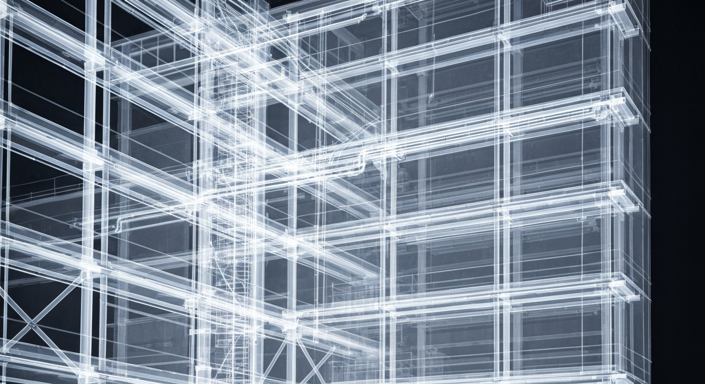 A translucent, ghostly X-ray photograph revealing the intricate internal structure of a hospital building, with glowing lines tracing the pipes, wires, and support beams that enable the facility to function, conveying a sense of the hospital's critical role in the community.