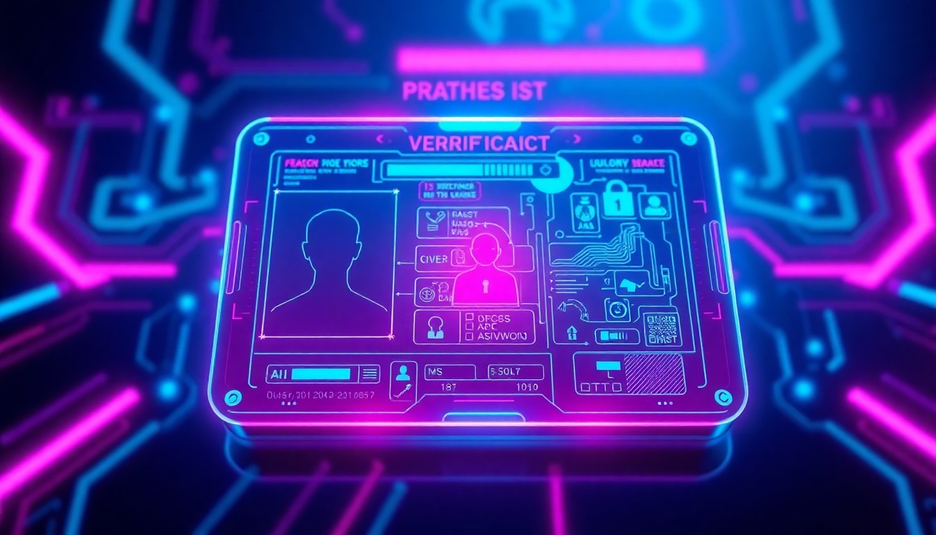 A highly detailed, glowing 3D illustration of a digital ID card or verification app interface, with neon cyan and magenta lights illuminating the various security features and authentication processes. The image conceptually represents the technical infrastructure behind Europe's new age verification solution for online platforms.