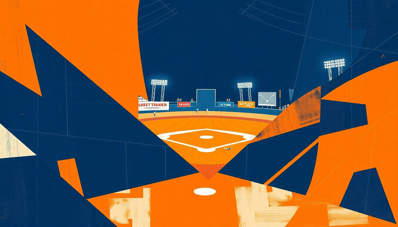 A cubist-style painting featuring sharp, overlapping geometric shapes in navy blue, orange, and white, conceptually representing the action and energy of a college baseball game.