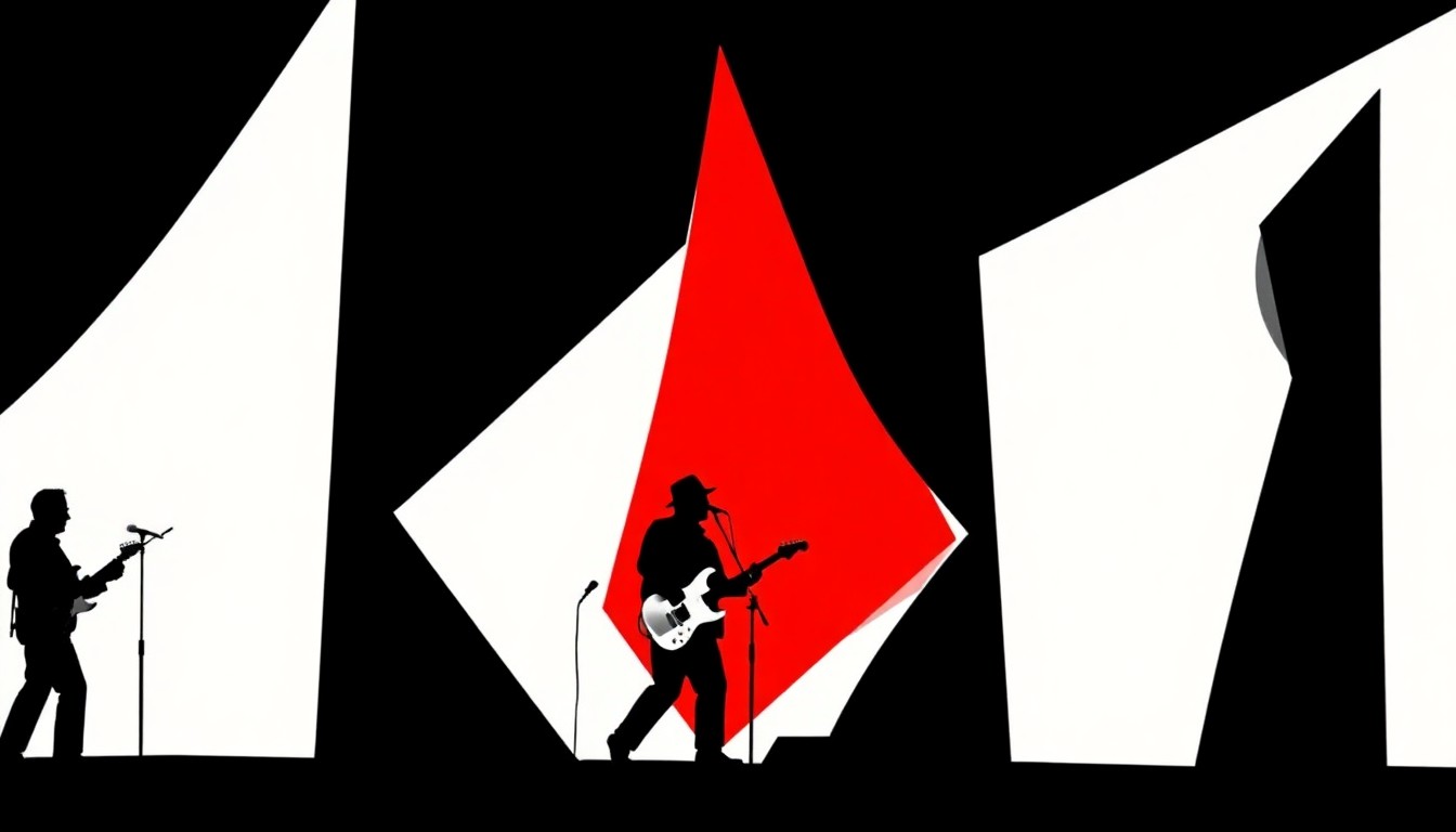 An abstract, minimalist composition featuring bold, jagged geometric shapes and high-contrast solid colors like red and white, conceptually representing the music and career of Phil Collins.