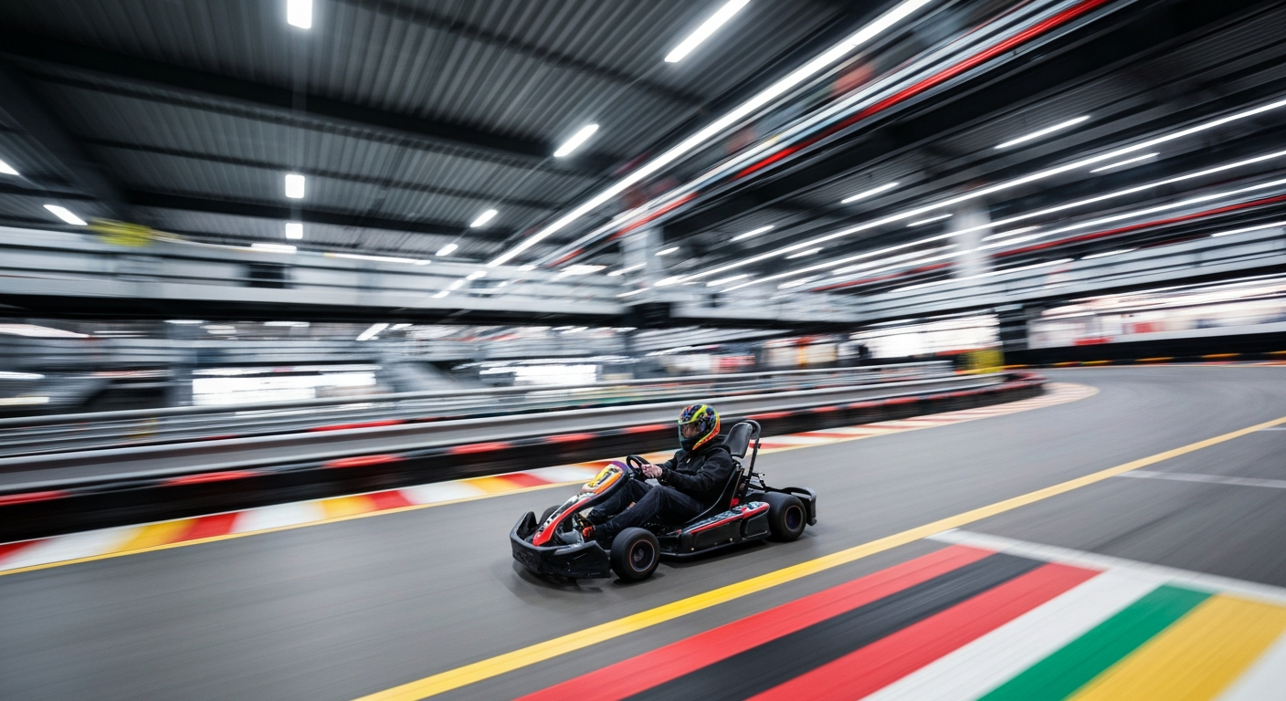 A blurred, abstract image of a high-speed electric go-kart racing around an indoor track, conveying a sense of motion, speed, and excitement.
