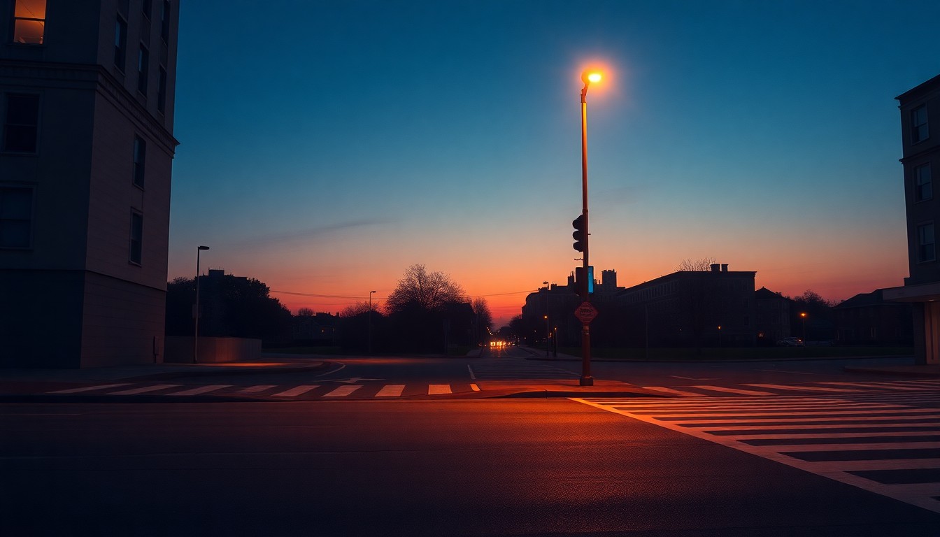 A dimly lit, cinematic street scene with warm, golden light and deep shadows, conceptually representing the tension between state and local governments over gun laws.