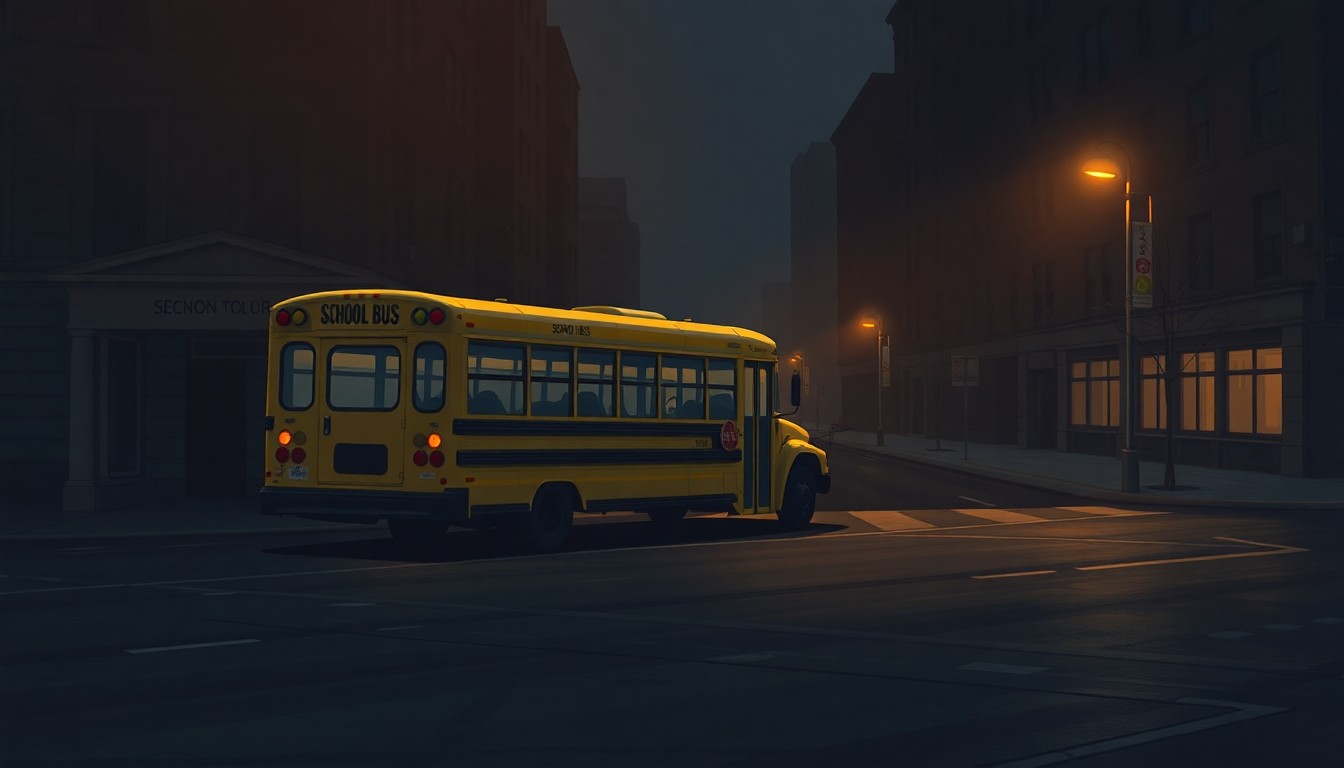 A serene, nostalgic painting of a lone school bus on a quiet city street, the warm light and deep shadows evoking a sense of contemplation around the role of public schools in the state.