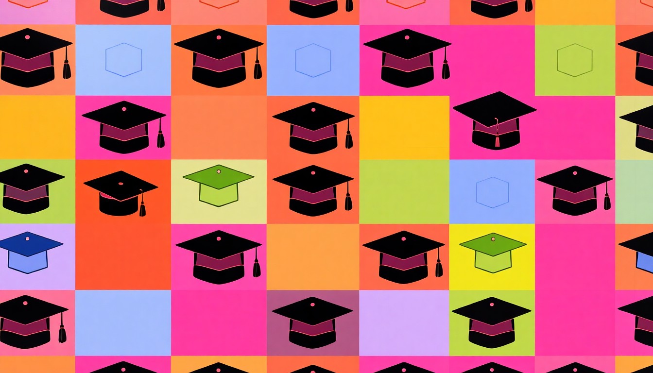 A brightly colored, high-contrast silkscreen print of a graduation cap icon repeated in a tight grid pattern, capturing the celebratory spirit of student achievement and character development.