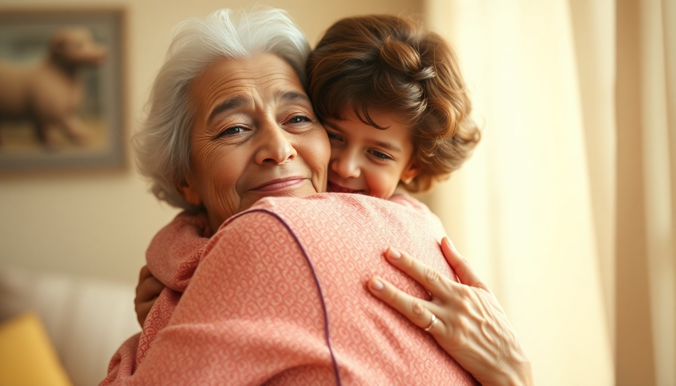 A blurred, impressionistic photograph in soft, earthy tones depicting a grandmother and grandchild embracing, conveying the deep emotional connection and unconditional love that defined PJ Metts' life.