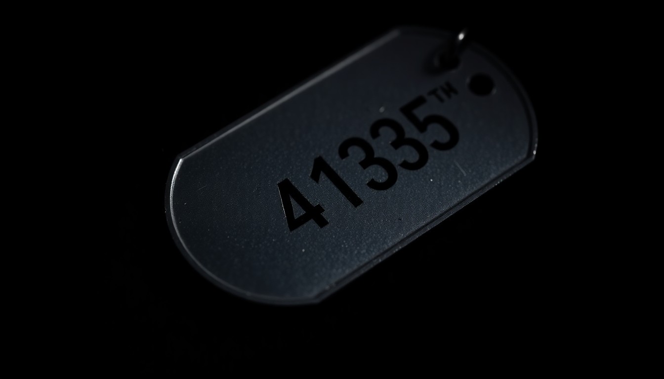 An extreme close-up photograph of a metal dog tag with a serial number, reflecting a harsh, direct camera flash against a pitch-black background, conceptually illustrating the tensions surrounding the raid on a beagle breeding facility.