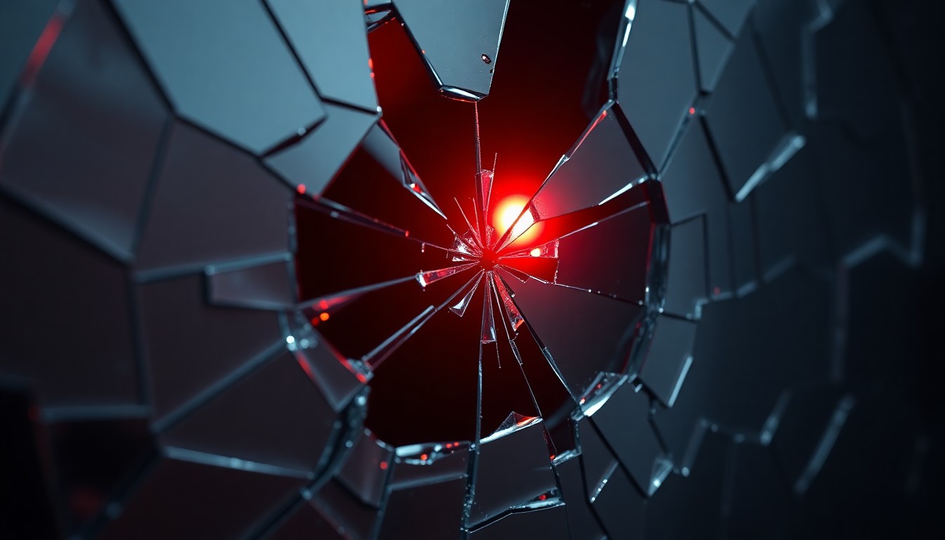 An abstract, high-contrast close-up photograph of shattered glass reflecting a faint red glow, conceptually representing the fragility of public image and the consequences of controversial associations.