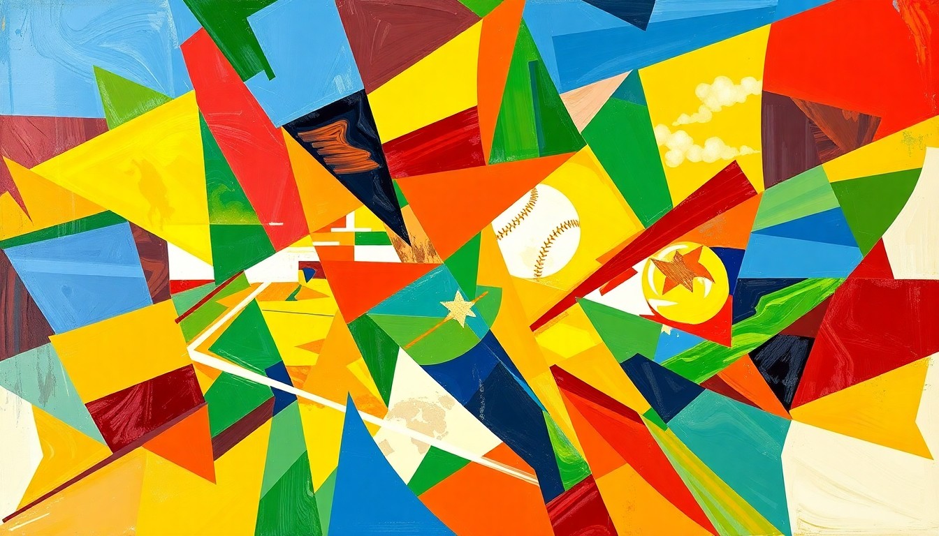 A fragmented, geometric painting in bold colors representing the dynamic action and energy of a high school softball game.
