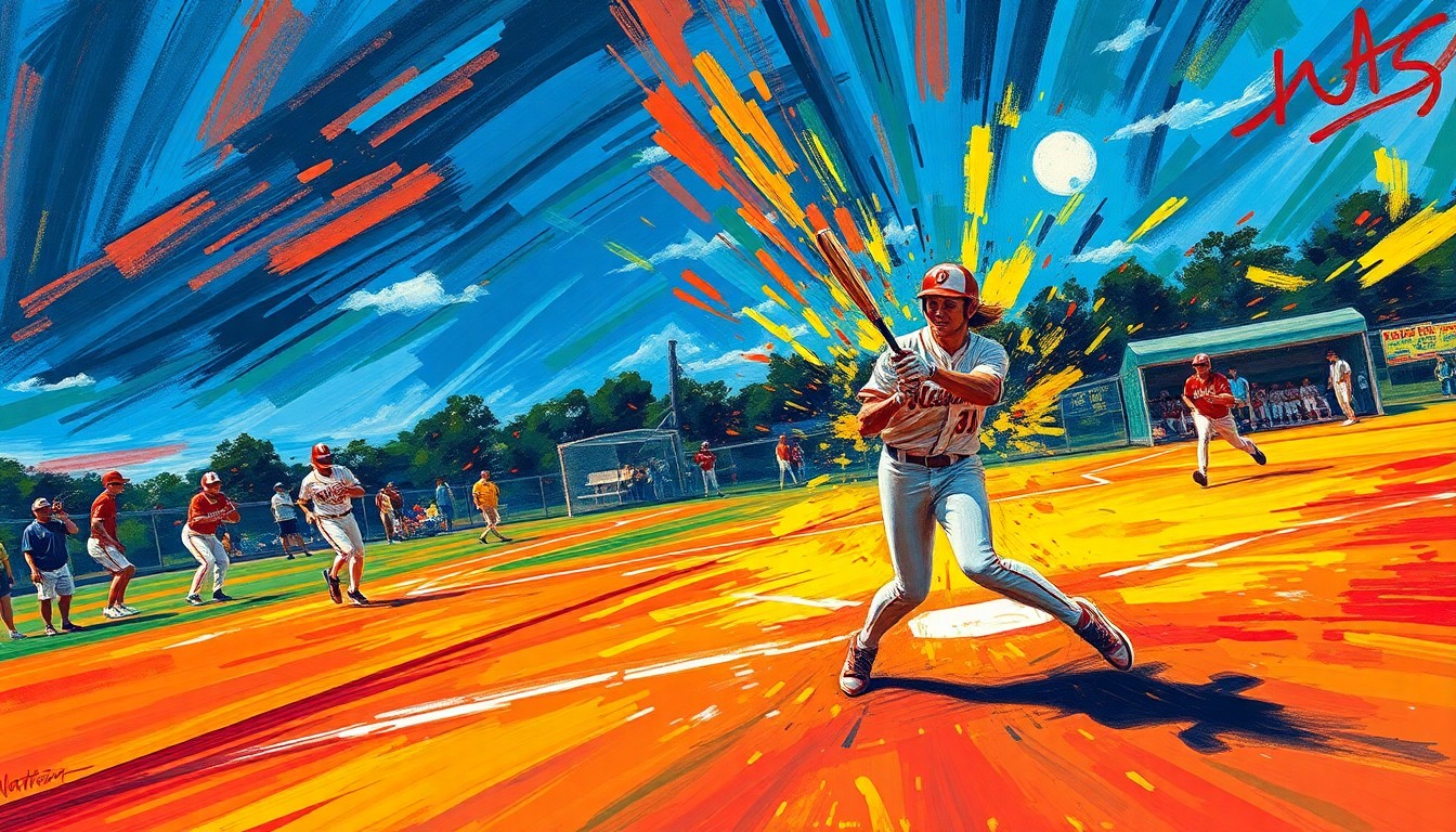 An abstract, energetic painting in neon colors depicting the fast-paced action and movement of a softball game, conveying the excitement and energy of the Mid-Ohio Spring Classic tournament.