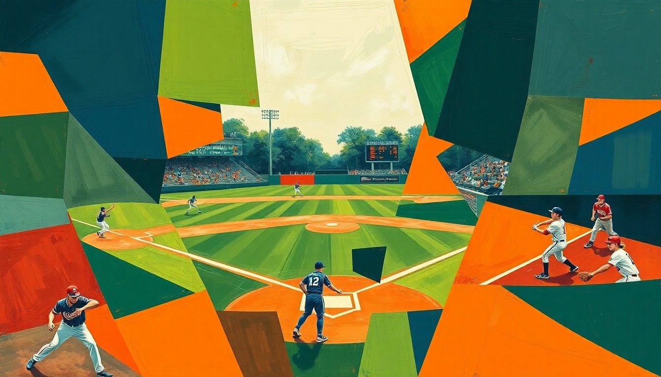 A fractured, geometric painting depicting a high school baseball game broken down into abstract shapes and planes of color, representing the dynamic action and competitive spirit of the sport.