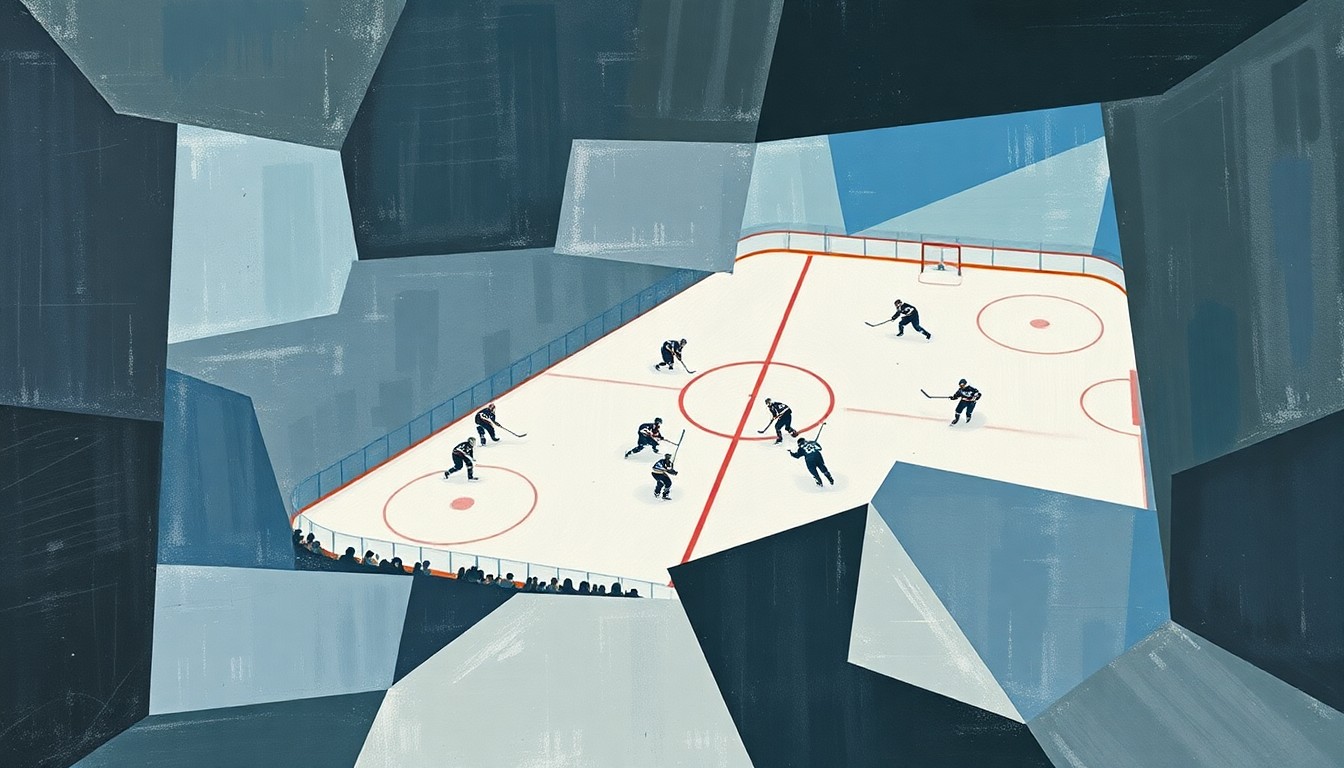 A fractured, multi-perspective painting breaking down a hockey game into sharp, overlapping geometric planes in muted blues, grays, and whites, conceptually representing the frustration of a star player unable to lead his team to the postseason.