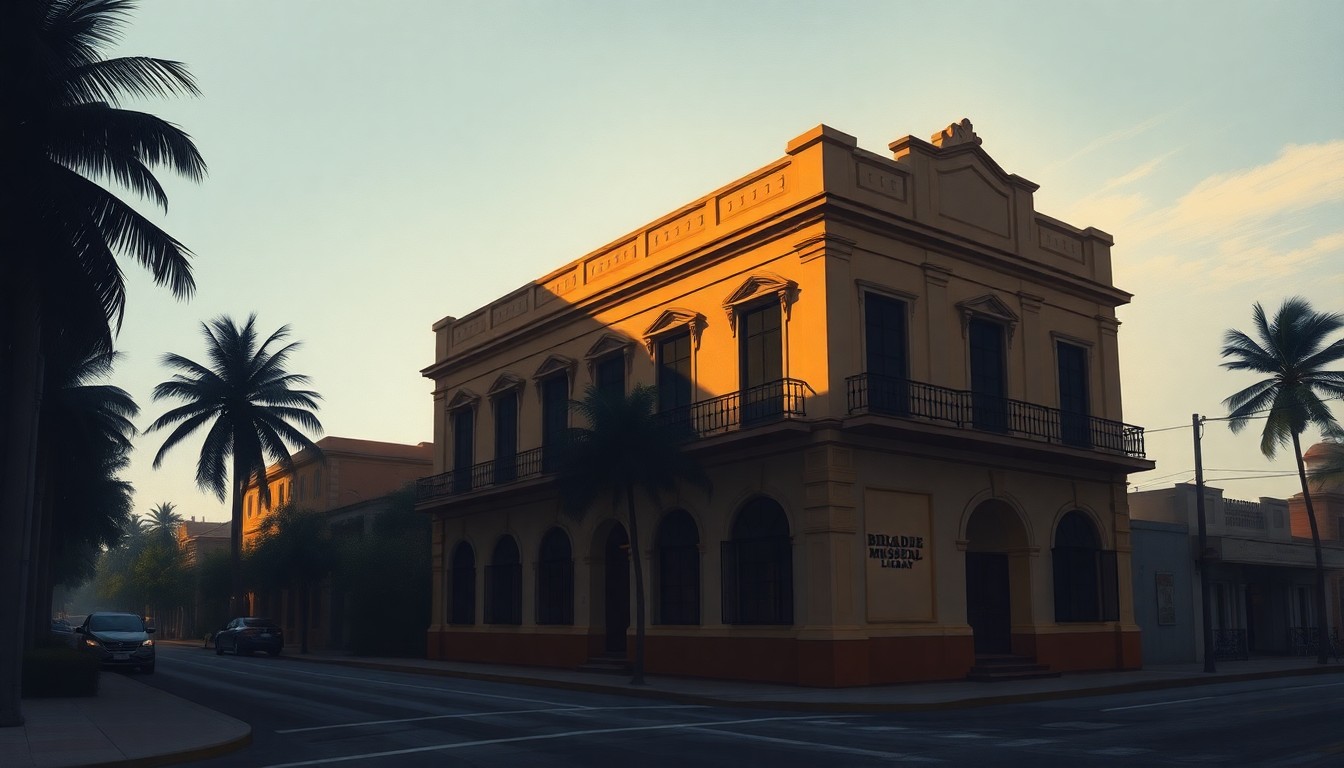 A quiet, cinematic painting of an old Cuban-style building in Miami's Little Havana neighborhood, bathed in warm, diagonal sunlight and deep shadows, conceptually representing the new Bay of Pigs museum as a place to commemorate and reflect on the events of 1961.