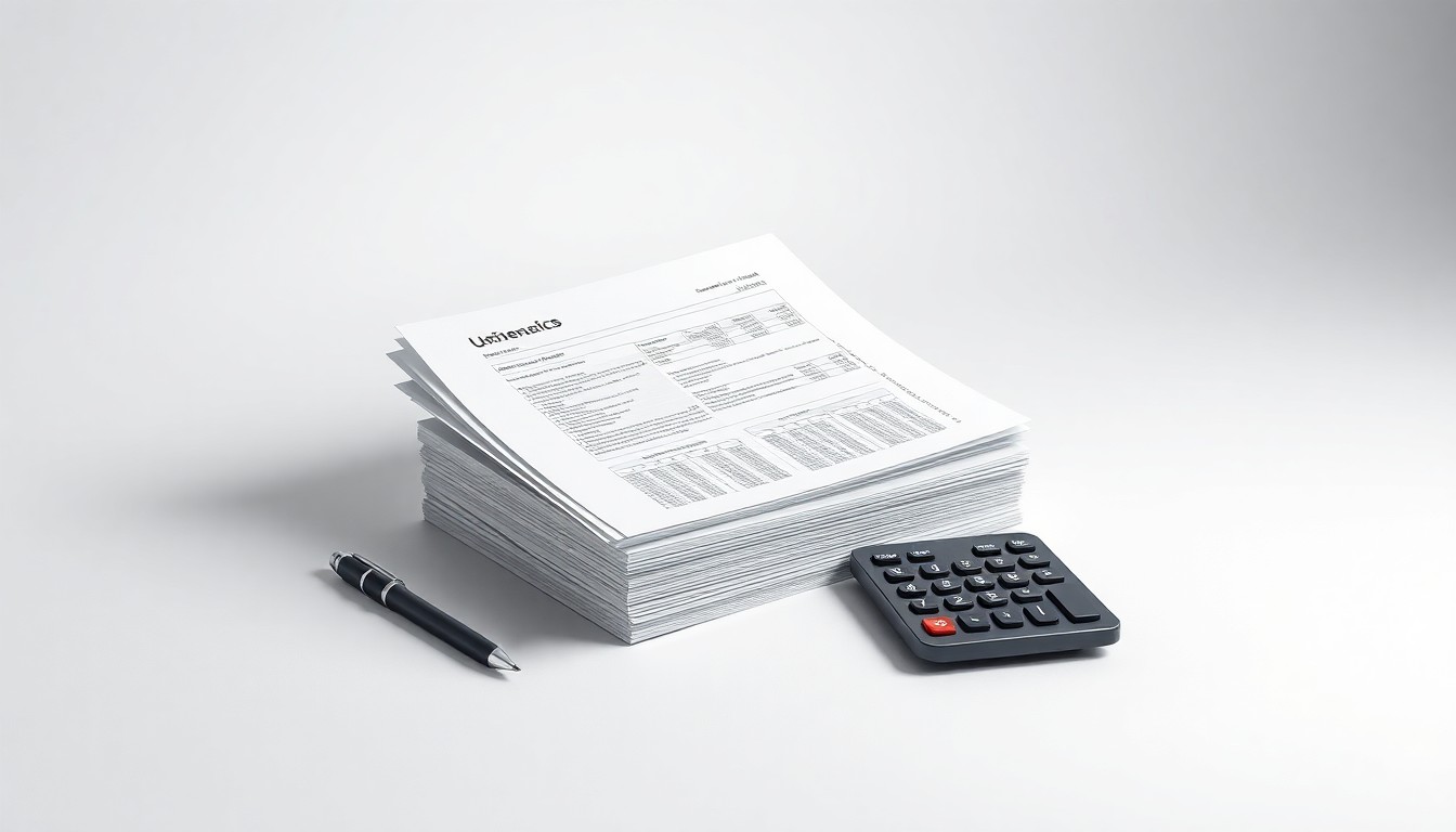 A minimalist studio still life featuring a stack of financial documents, a pen, and a calculator arranged elegantly on a clean, monochromatic background, conceptually representing the company's financial flexibility and growth strategy.