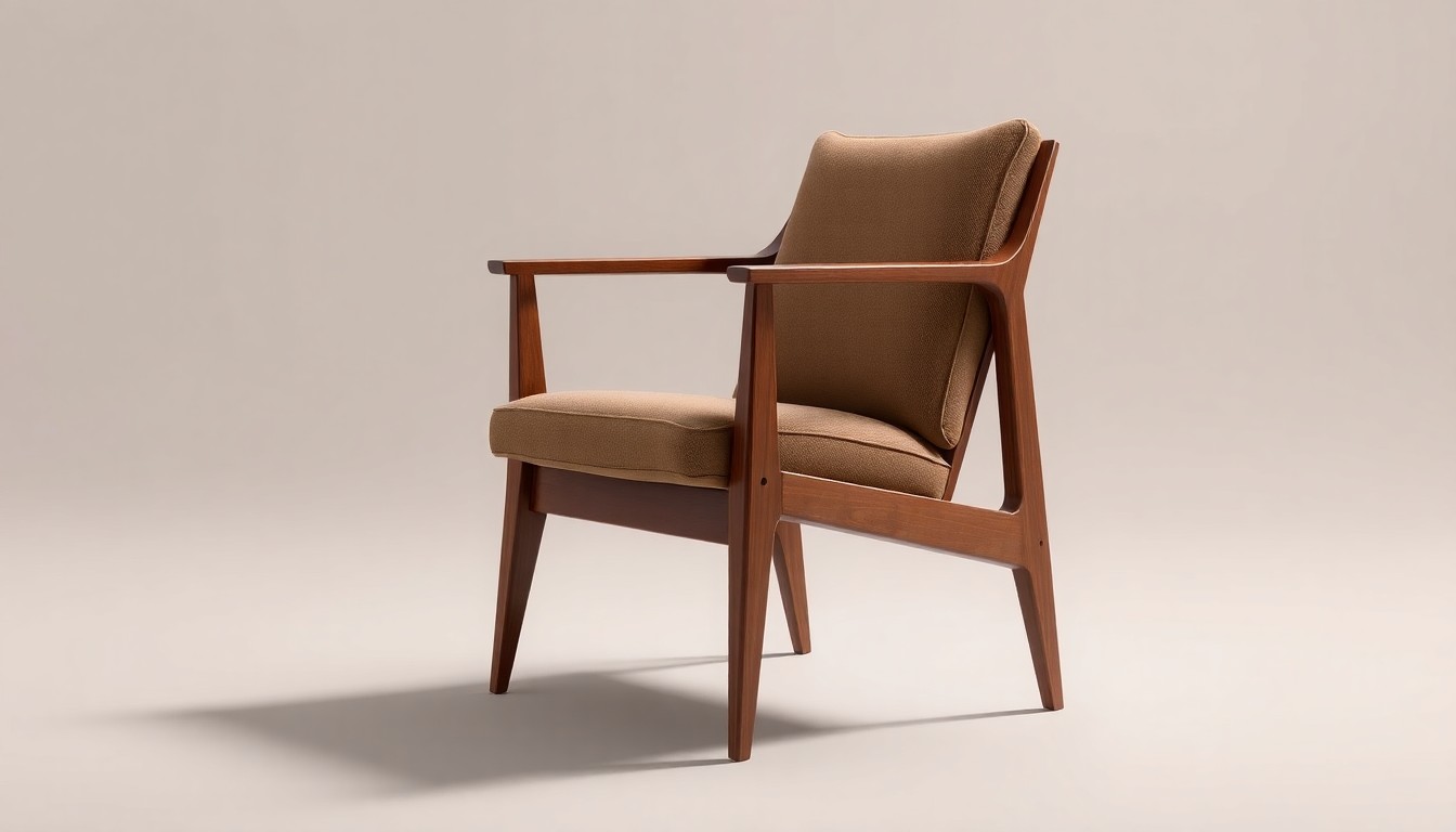 A high-end, photorealistic studio still-life photograph featuring a polished, geometric wooden chair with a plush cushion, floating on a clean, monochromatic background and dramatically lit to represent the timeless craftsmanship and premium quality of Weir's Furniture.