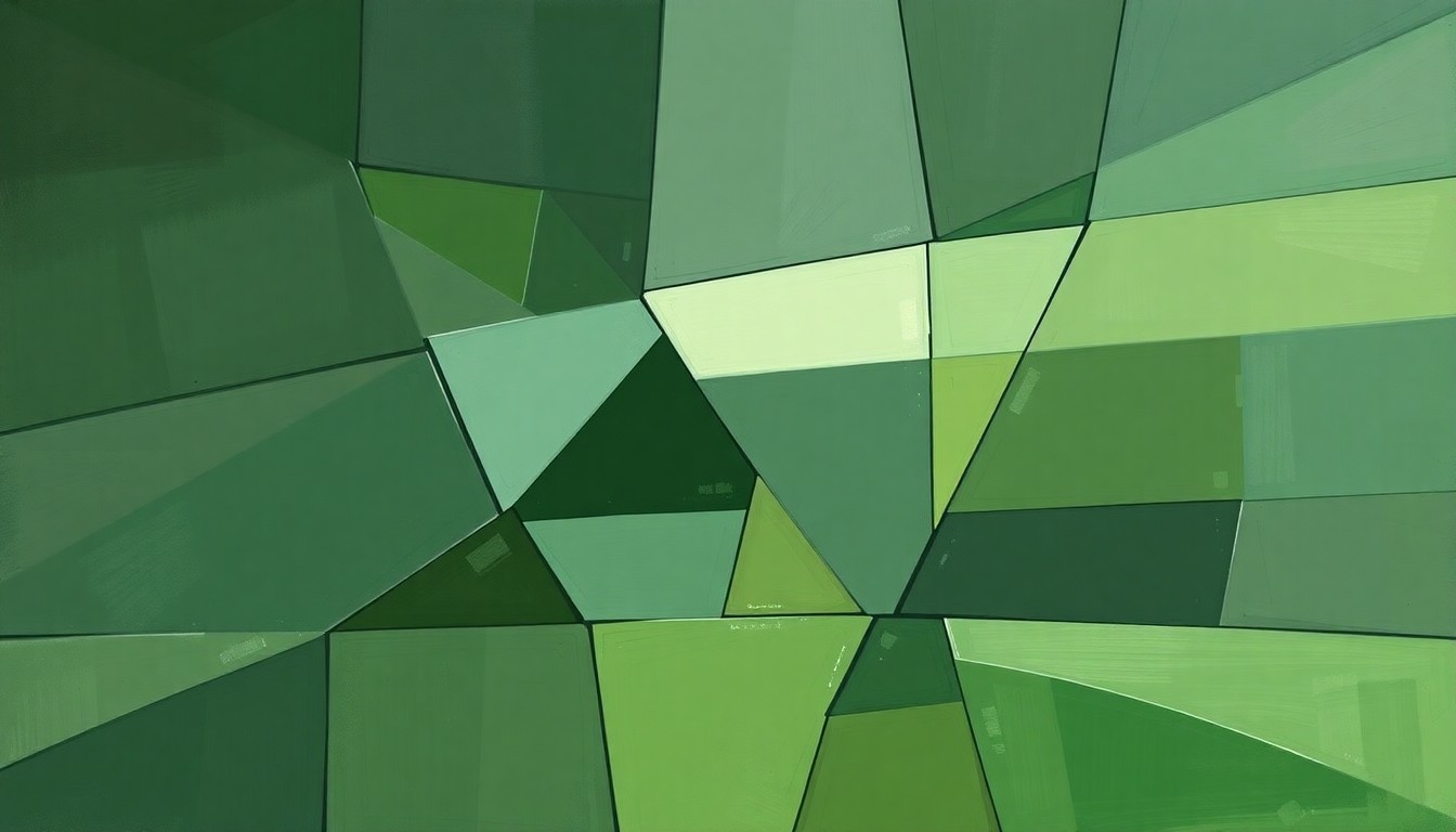 A fractured, multi-angled painting in muted tones of green, blue, and gray, depicting the chaotic and uncertain future of the LIV Golf league through a cubist, deconstructed visual style.